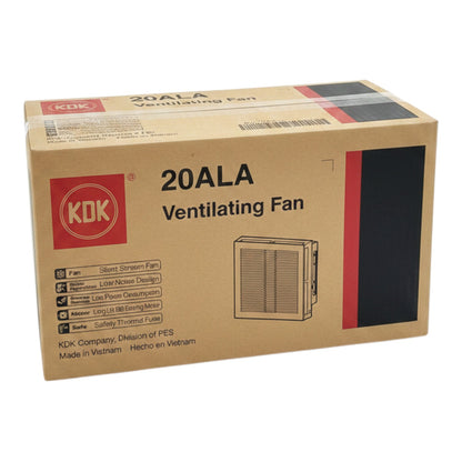 KDK 20ALA Ventilating Fan product packaging box, featuring a brown cardboard box with red and black branding blocks and a small product illustration.