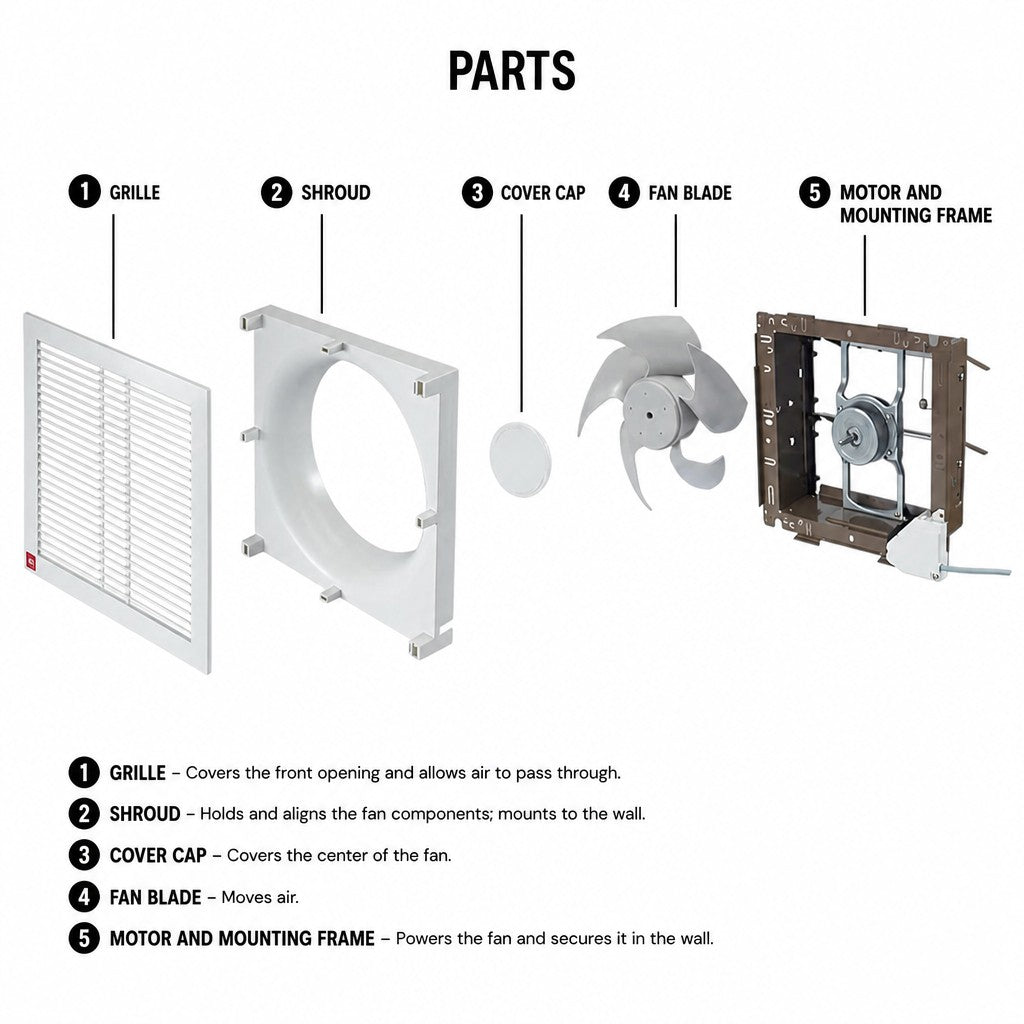 Parts diagram for a square wall-mounted fan, showing five labeled components: grille, shroud, cover cap, fan blade, and motor and mounting frame, with brief descriptions below on a white background.