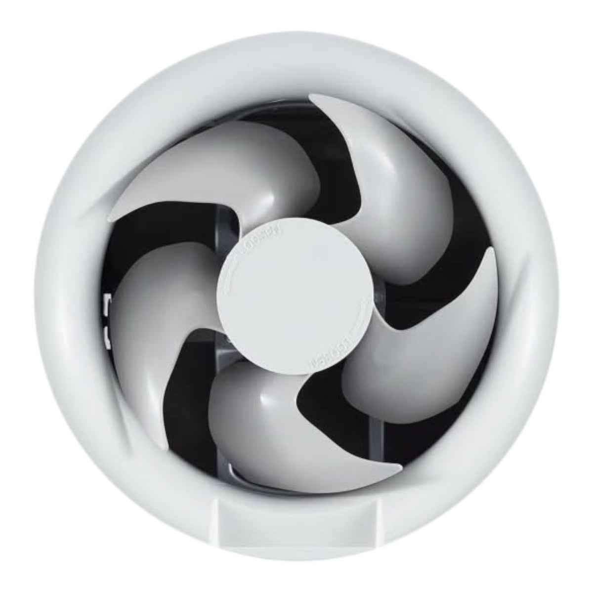 A circular white ventilation fan with five curved gray blades and a white center cap, shown against a plain white background.
