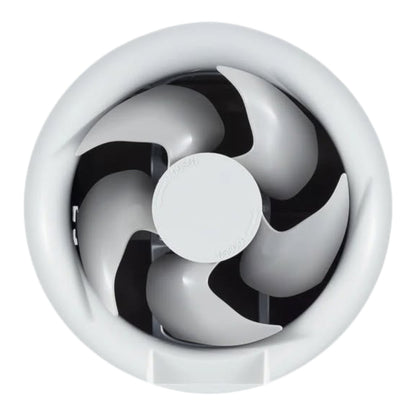 A circular white ventilation fan with five curved gray blades and a white center cap, shown against a plain white background.