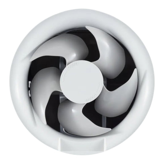 A circular white ventilation fan with five curved gray blades and a white center cap, shown against a plain white background.