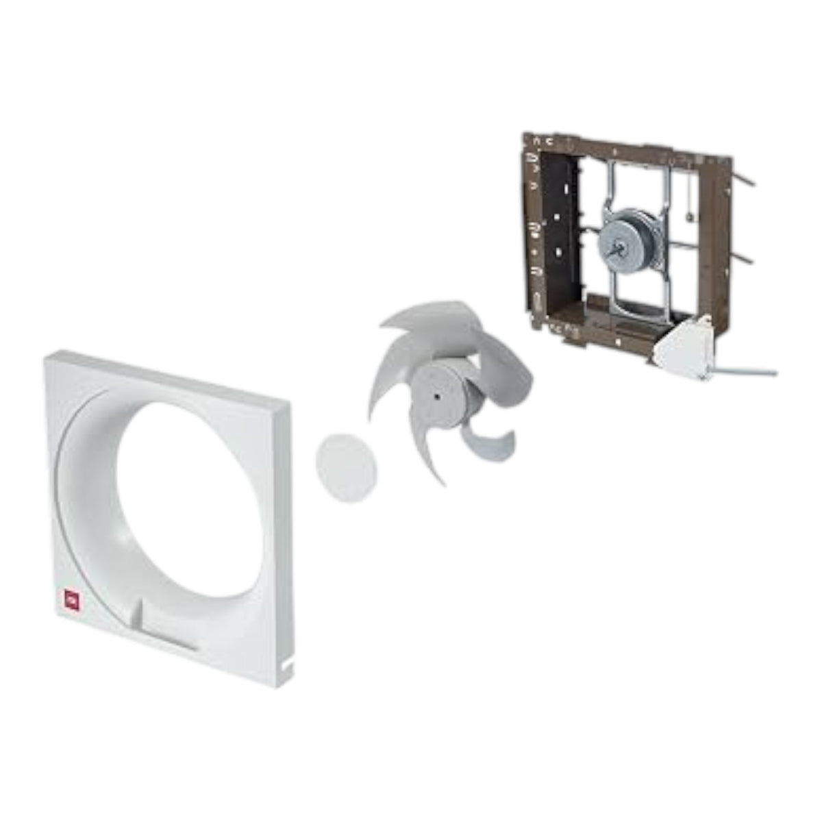 A white square vent cover with a circular opening, shown alongside a gray plastic fan blade and an exposed metal motor housing component on a plain white background.