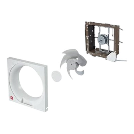 A white square vent cover with a circular opening, shown alongside a gray plastic fan blade and an exposed metal motor housing component on a plain white background.