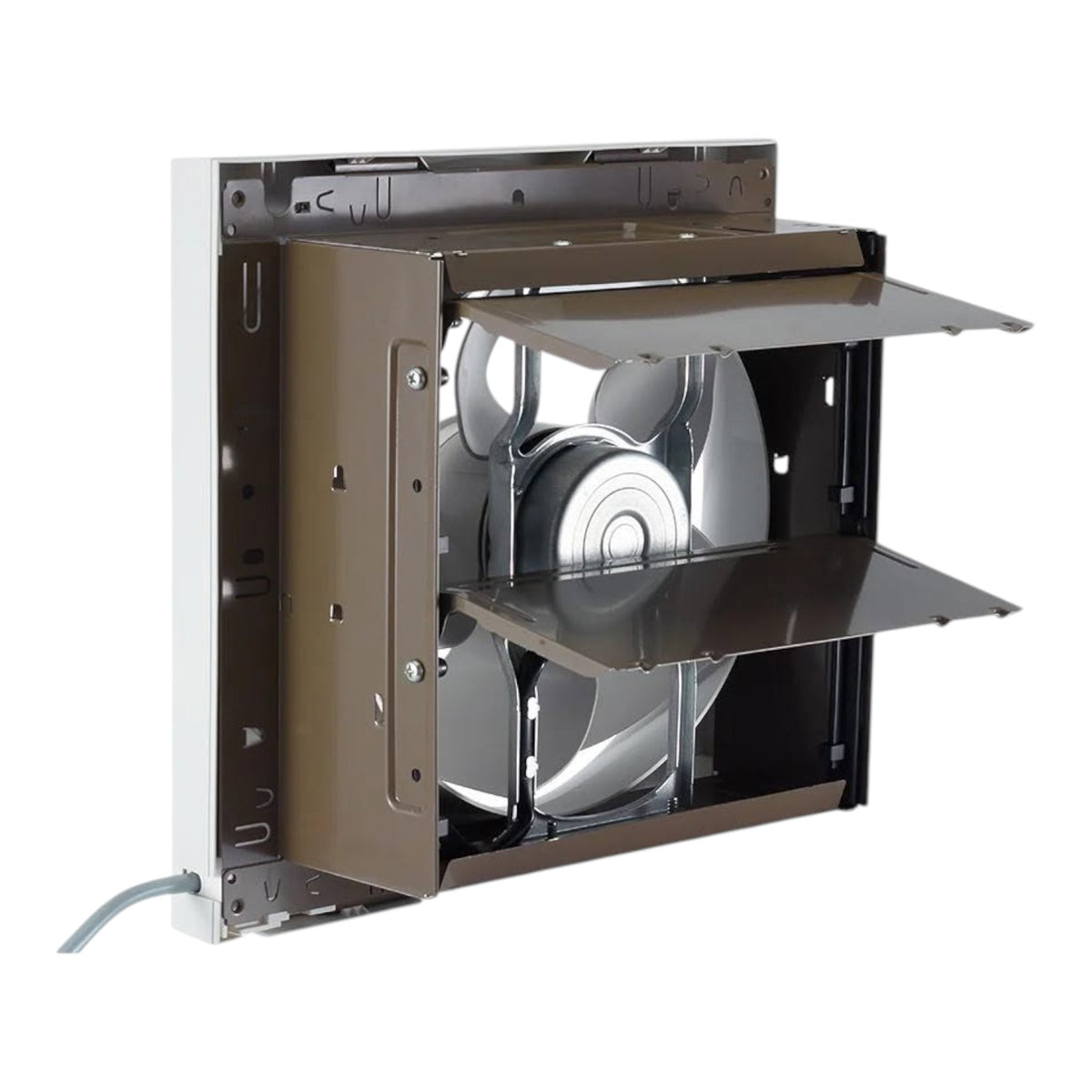 A wall-mounted exhaust fan with a white outer casing, a brown metal frame, and two dark gray adjustable louvers, shown against a plain white background.