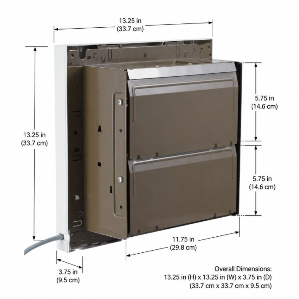 A dimension diagram of a wall-mounted double oven or range hood unit, showing measurements in inches and centimeters with labels for height, width, and depth on a white background.