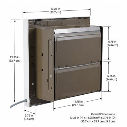 A dimension diagram of a wall-mounted double oven or range hood unit, showing measurements in inches and centimeters with labels for height, width, and depth on a white background.
