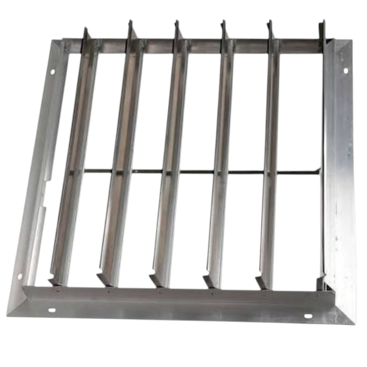 A square stainless steel window grille or safety guard with six vertical bars and a horizontal crossbar, isolated on a white background.