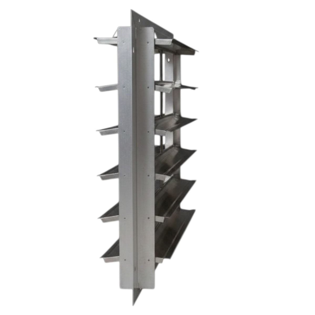 A tall, narrow stainless steel shelving unit with multiple tiers and a slatted center panel, shown on a plain white background.