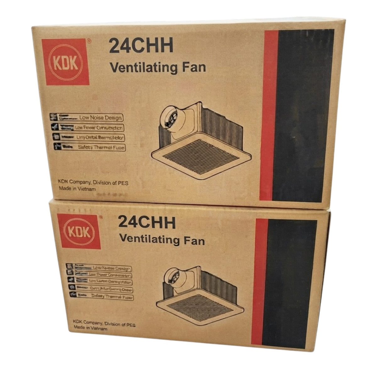 Two stacked brown cardboard boxes of KDK 24CHH Ventilating Fan on a plain white background.