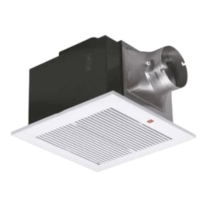 A ceiling-mounted bathroom exhaust fan with a white square grille, a black rectangular housing, and a silver metal duct connection, shown against a plain white background.