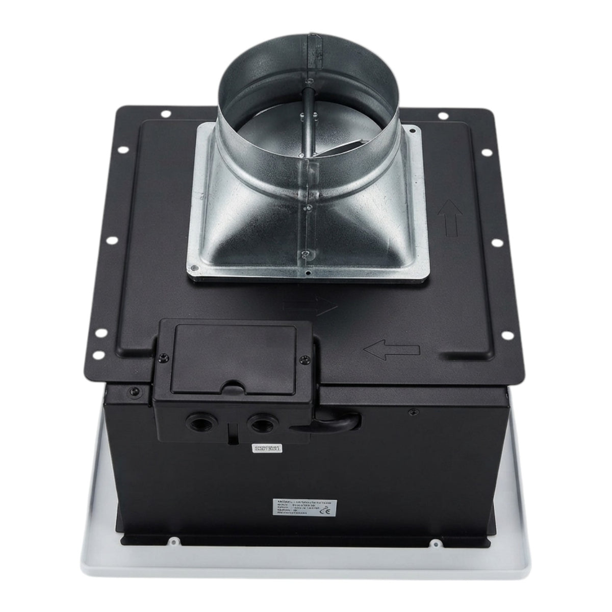A black and silver metal duct vent assembly with a circular flange and rectangular diffuser, shown on a plain white background.