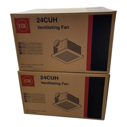 Two stacked KDK 24CUH Ventilating Fan cardboard boxes on a plain white background.