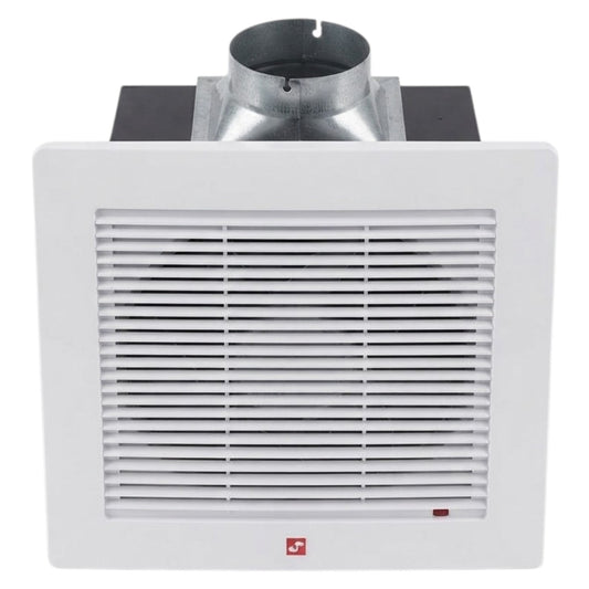 A white ceiling or wall-mounted exhaust fan with a front grille and a silver metal duct pipe extending from the top, shown against a plain white background.