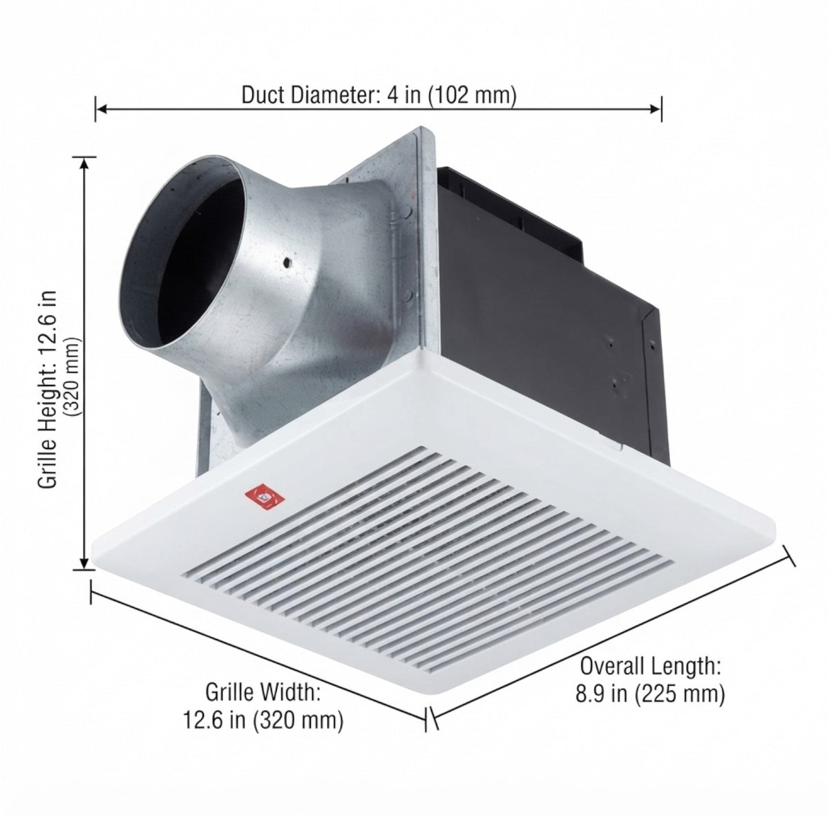 A white and silver ceiling fan duct vent with dimension annotations showing grille width, grille height, duct diameter, overall length, and overall capacity on a white background.