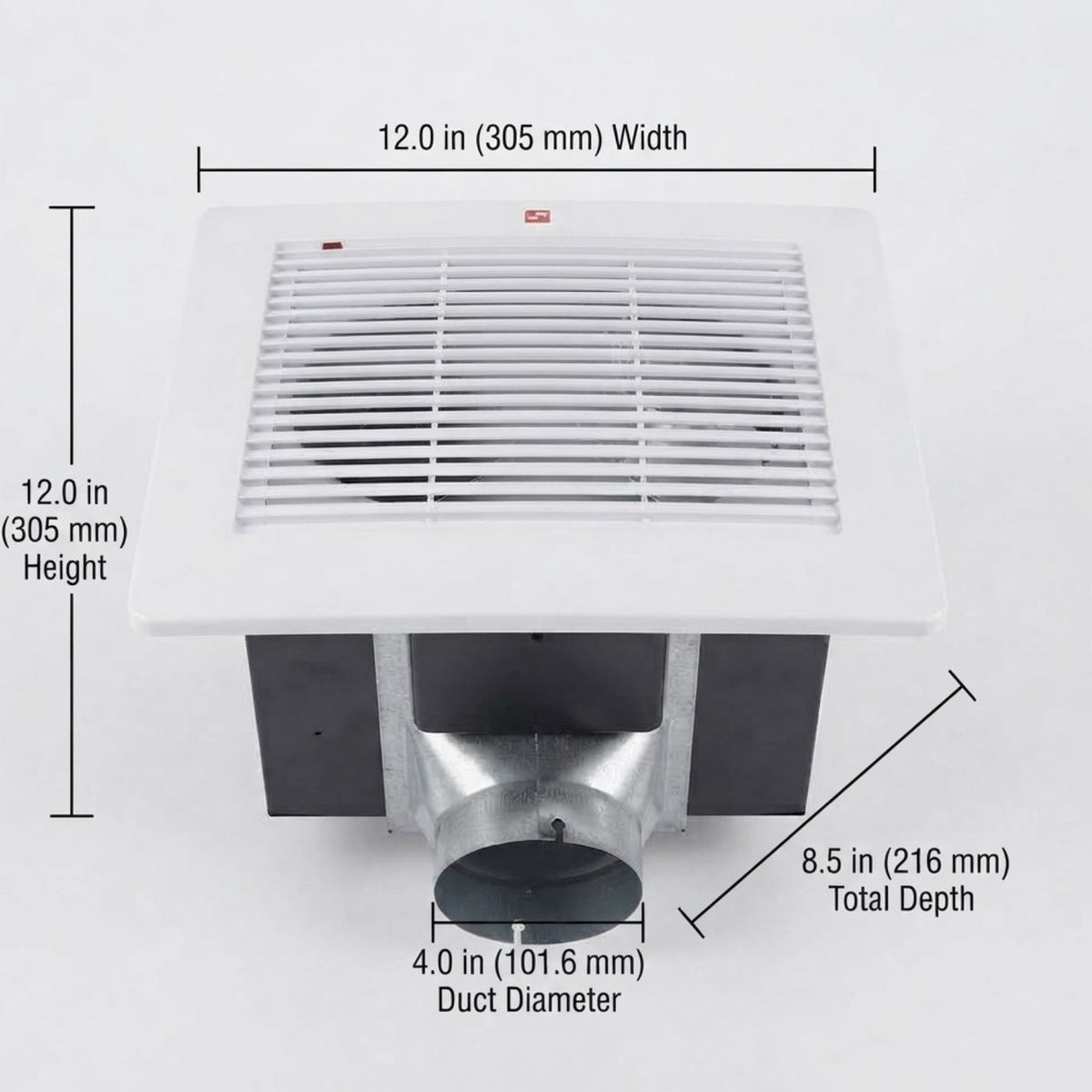 A dimension diagram of a wall-mounted double oven or range hood unit, showing measurements in inches and centimeters with labels for height, width, depth, and overall dimensions on a white background.