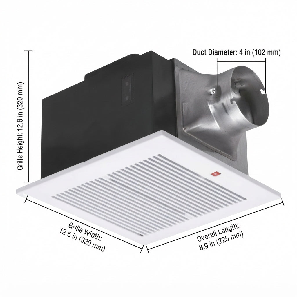 A white and black ceiling fan vent with dimension labels showing grille width, grille height, overall length, and duct diameter on a light gray background.