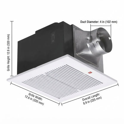 A white and black ceiling fan vent with dimension labels showing grille width, grille height, overall length, and duct diameter on a light gray background.