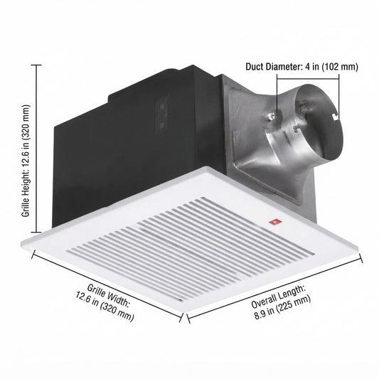 A white and black ceiling fan vent with dimension labels showing grille width, grille height, overall length, and duct diameter on a light gray background.