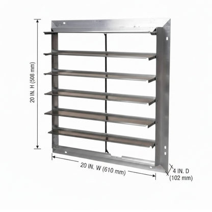 A metal shelving unit with five horizontal shelves, shown with dimension annotations indicating 20 inches in height, 20 inches in width, and 4 inches in depth.