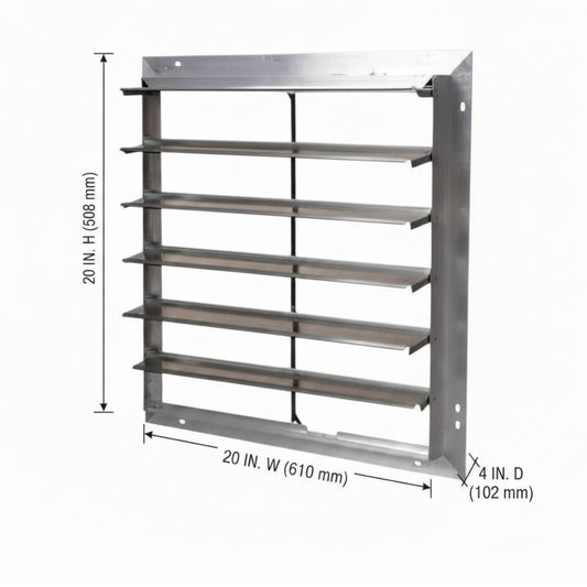 A metal shelving unit with five horizontal shelves, shown with dimension annotations indicating 20 inches in height, 20 inches in width, and 4 inches in depth.