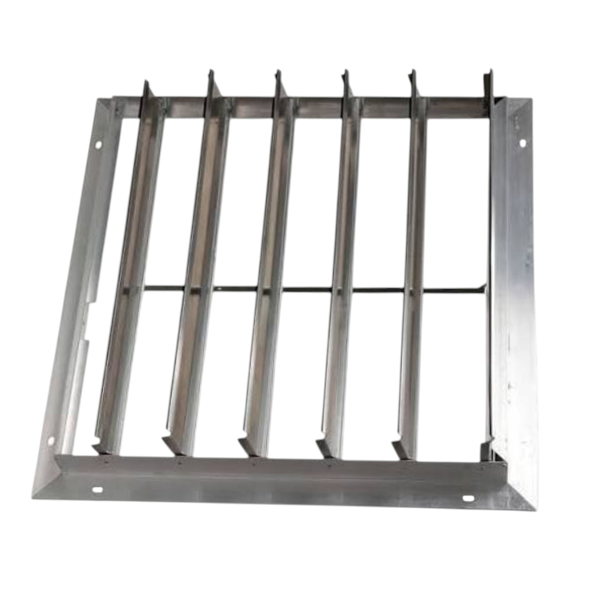 A stainless steel ventilation or exhaust grille with six vertical bars and a square mounting frame, shown on a plain white background.