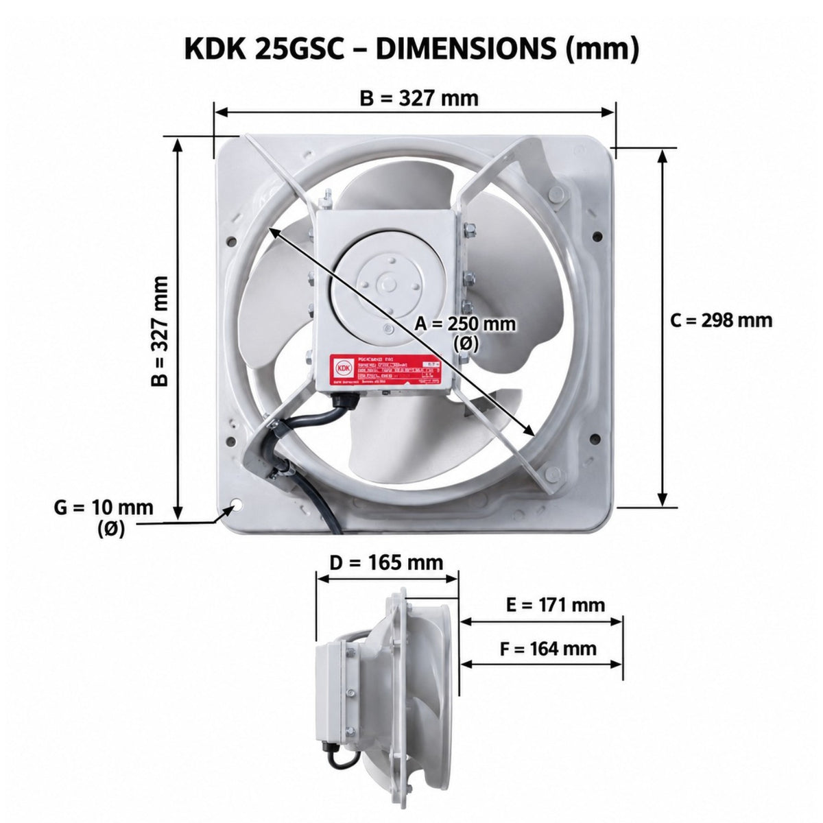 Technical dimension diagram of a KDK 25GSC exhaust fan showing front and side profile measurements in millimeters on a white background.