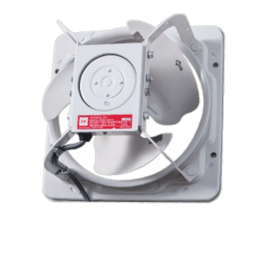 A white wall-mounted exhaust fan with a square metal housing, four curved blades, and a red and white product label on the front, isolated on a white background.