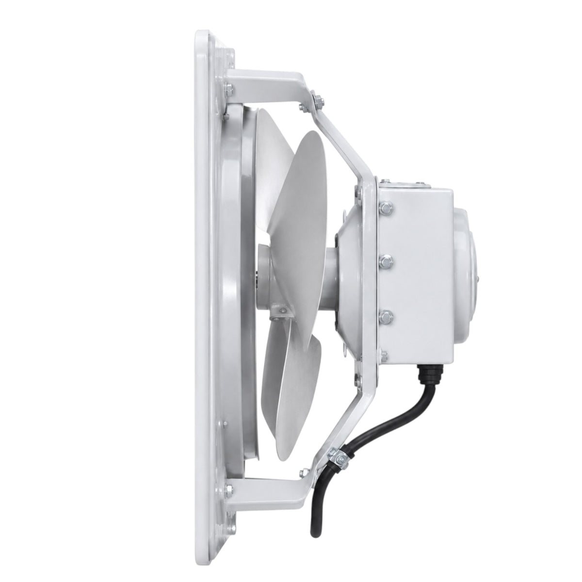 A white industrial wall-mounted fan assembly with a three-blade fan, mounting bracket, and attached motor housing on a plain white background.