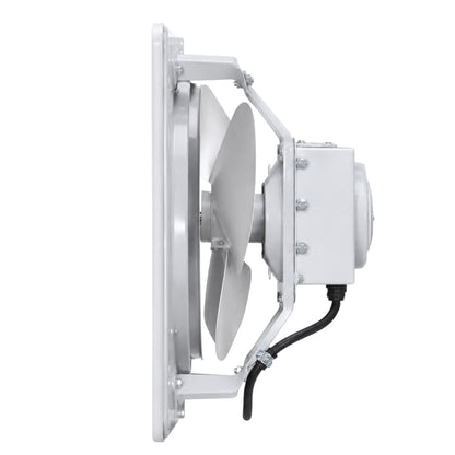 A white industrial wall-mounted fan assembly with a three-blade fan, mounting bracket, and attached motor housing on a plain white background.