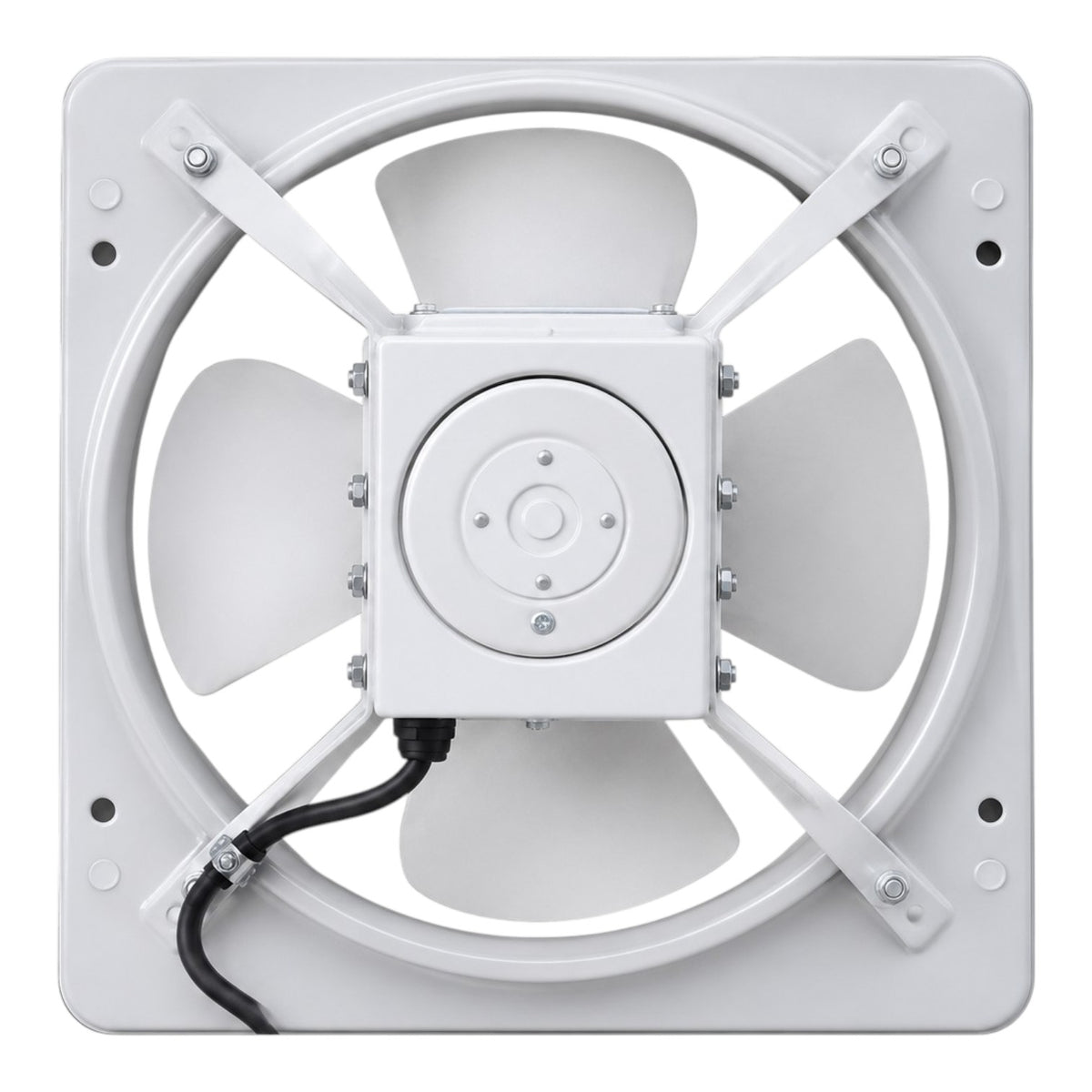 A white square wall-mounted exhaust fan with four large blades, a central motor housing, mounting brackets, and a black power cord, shown on a plain white background.
