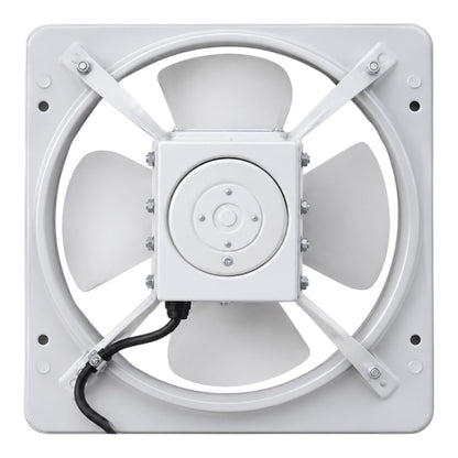 A white square wall-mounted exhaust fan with four large blades, a central motor housing, mounting brackets, and a black power cord, shown on a plain white background.
