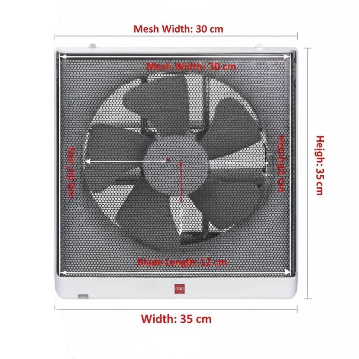 A square wall-mounted fan with a white outer frame and dark gray mesh grille, shown with red dimension labels indicating 35 cm width, 35 cm height, and 17 cm blade length.
