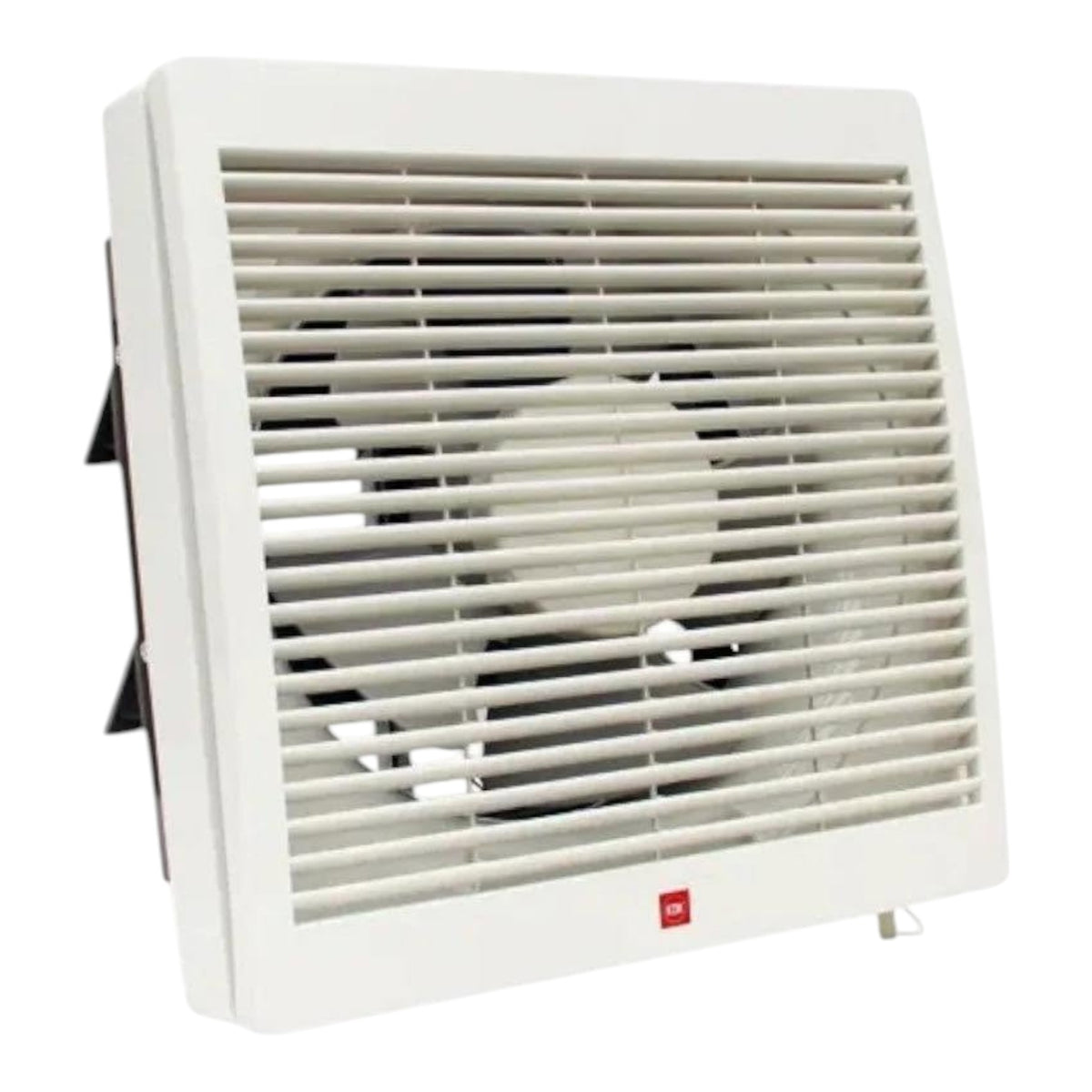 A white wall-mounted exhaust fan with a front grille and visible fan blades inside, shown on a plain white background.