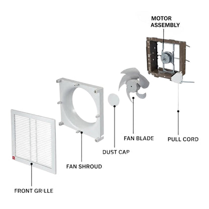 An exploded view diagram of a ceiling fan showing its individual components with labels: front grille, fan shroud, dust cap, fan blade, motor assembly, and pull cord, on a plain white background.