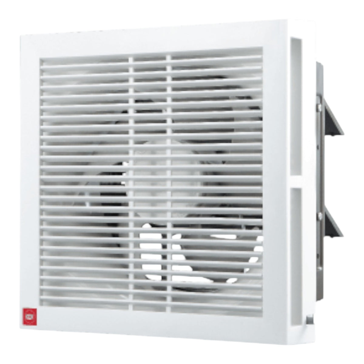 A white square ventilation fan with a front grille and visible fan blades inside, shown on a plain white background.