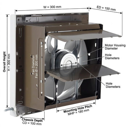Technical dimension diagram of a wall-mounted exhaust fan showing overall height, width, fan diameter, motor housing diameter, hole diameters, mounting hole pitch, and chassis depth with measurement labels.