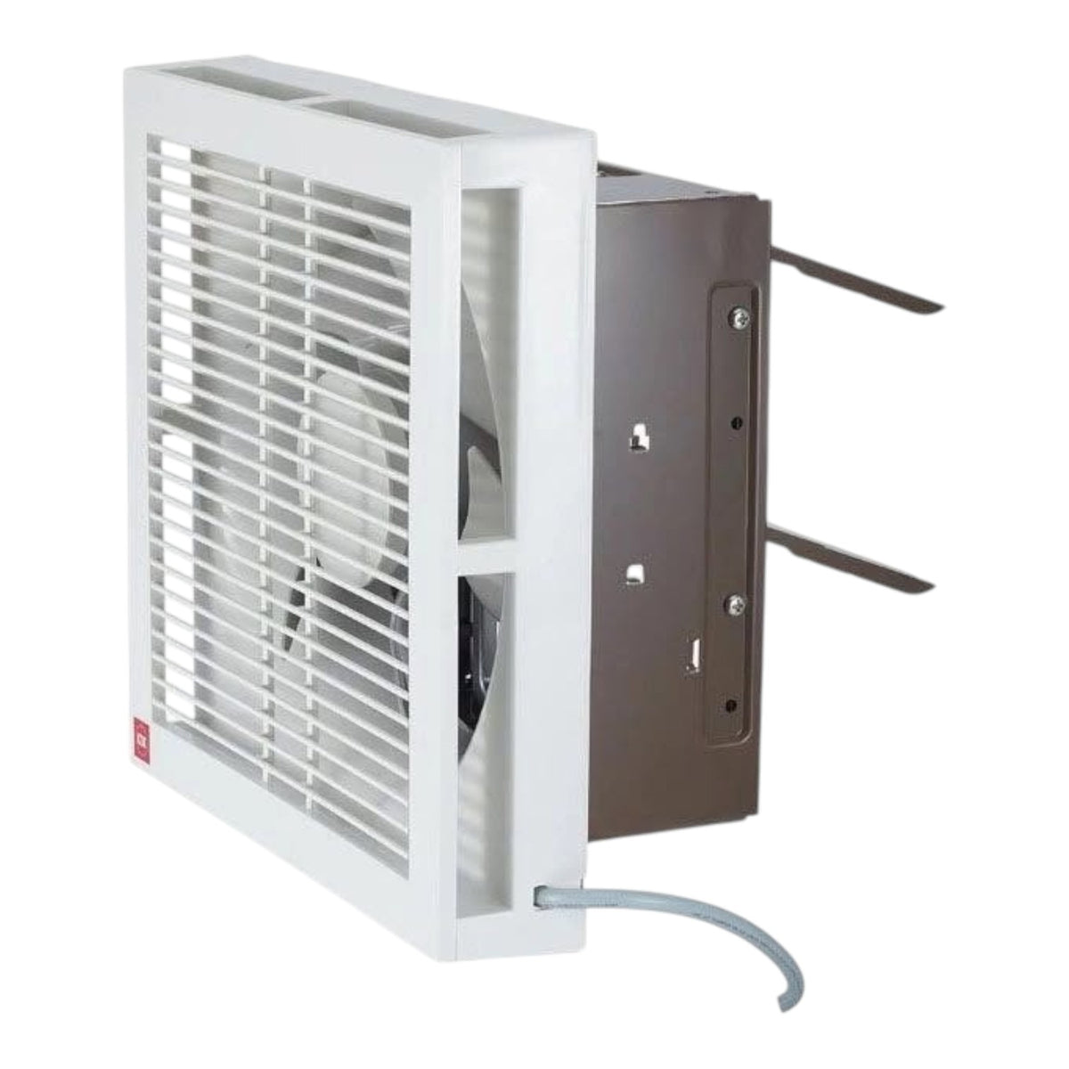 A white and brown wall-mounted bathroom exhaust fan with a white front grille, visible fan blades, mounting brackets, and a gray power cord, shown on a plain white background.