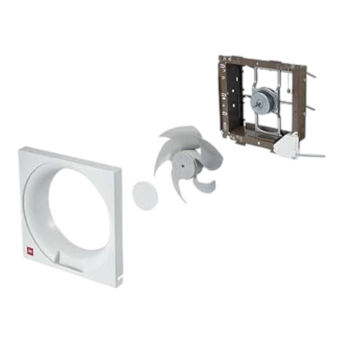 A white square vent cover with a circular opening, shown alongside a gray plastic fan blade and a brown metal mounting frame on a plain white background.