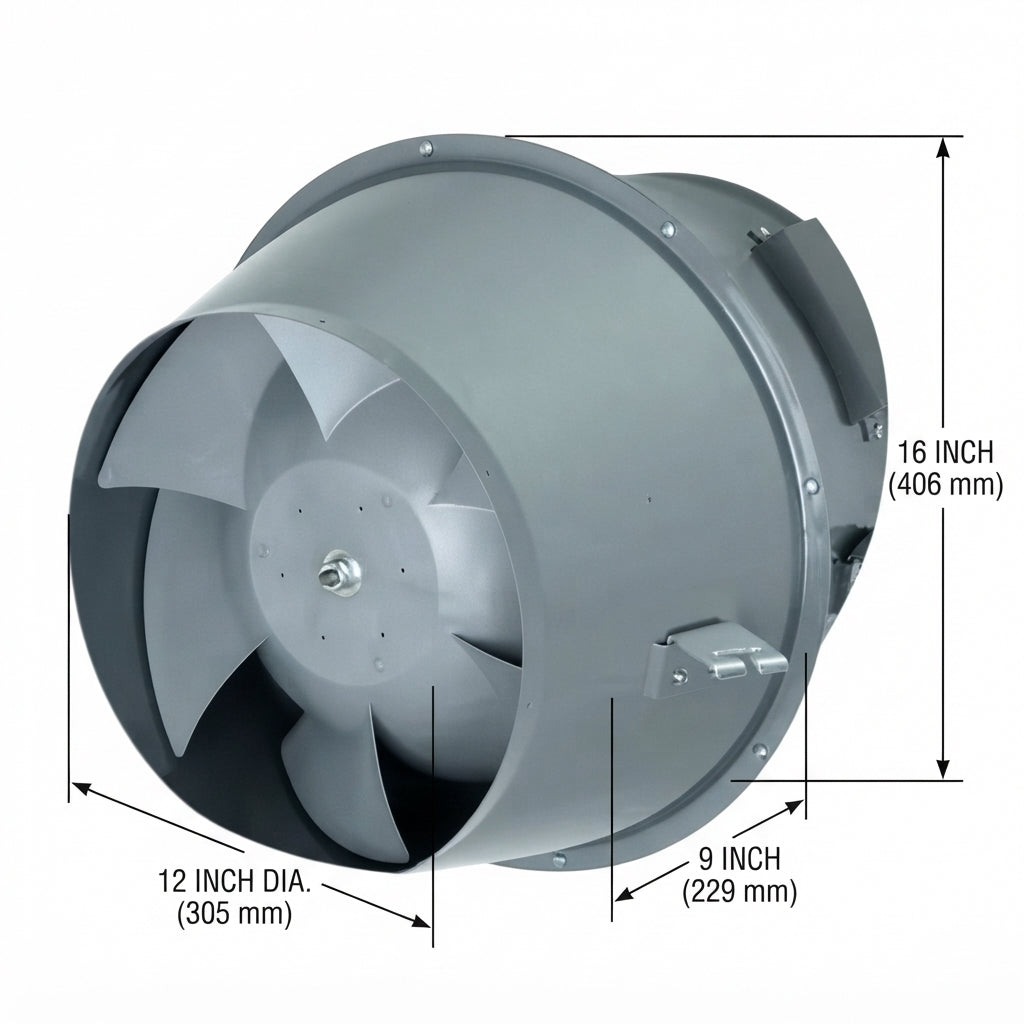A gray metal duct fan with internal blades, shown with dimension callouts indicating 16 inch height, 12 inch diameter, and 9 inch width on a white background.