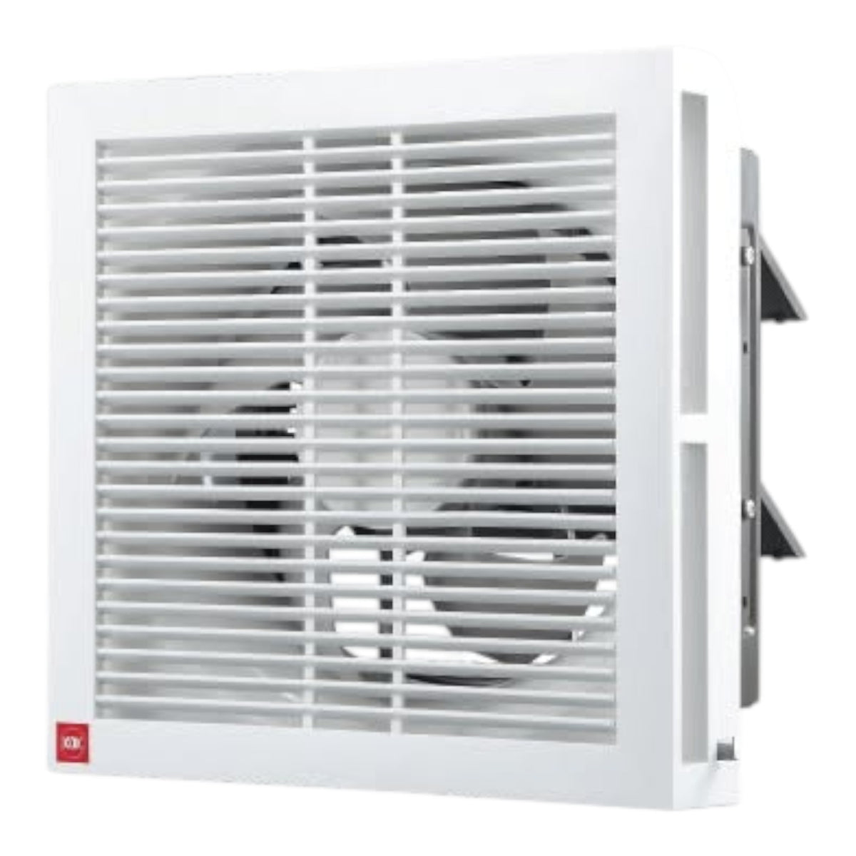 A white wall-mounted exhaust fan with a front grille and visible fan blades inside, shown against a plain white background.