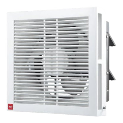 A white wall-mounted exhaust fan with a front grille and visible fan blades inside, shown against a plain white background.