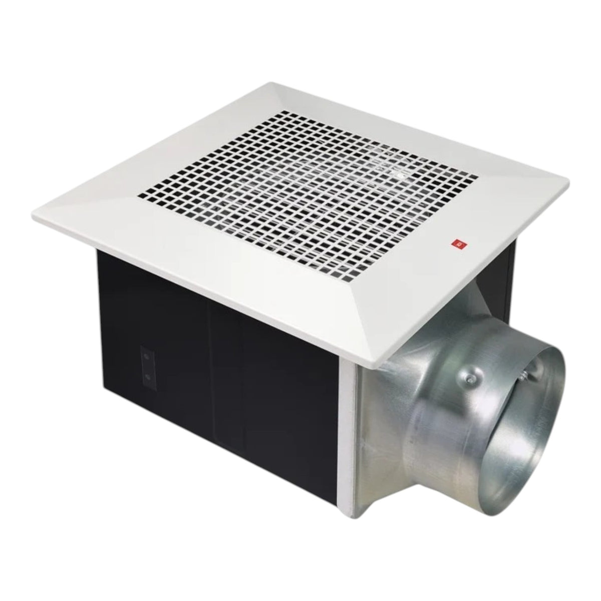 A square wall-mounted ventilation fan with a white top grille, black side housing, and a silver metal duct connection, shown on a plain white background.