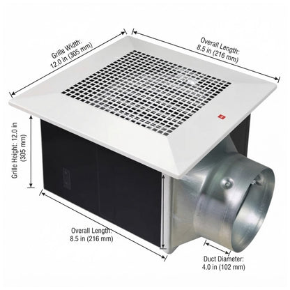 A square ventilation fan with a white top grille, black side panel, and silver metal duct outlet, shown with dimension callouts for overall length, grille width, height, and duct diameter on a white background.