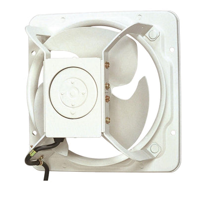 A white square wall-mounted exhaust fan with a visible fan blade, mounting frame, and attached black power cord on a plain white background.