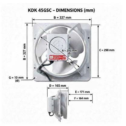 A technical dimension diagram for a KDK 45GSC exhaust fan, showing front and side views with labeled measurements in millimeters on a white background.
