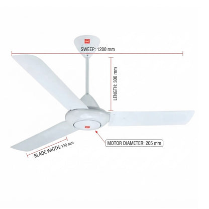White three-blade ceiling fan with dimension labels showing sweep, length, blade width, and motor diameter on a plain white background.