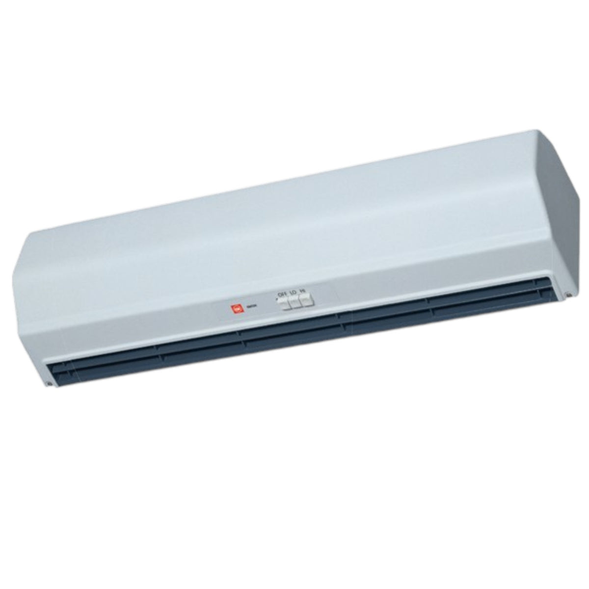 A wall-mounted split air conditioner indoor unit in white with a dark blue vent grille and a small red logo on the front, shown against a plain white background.