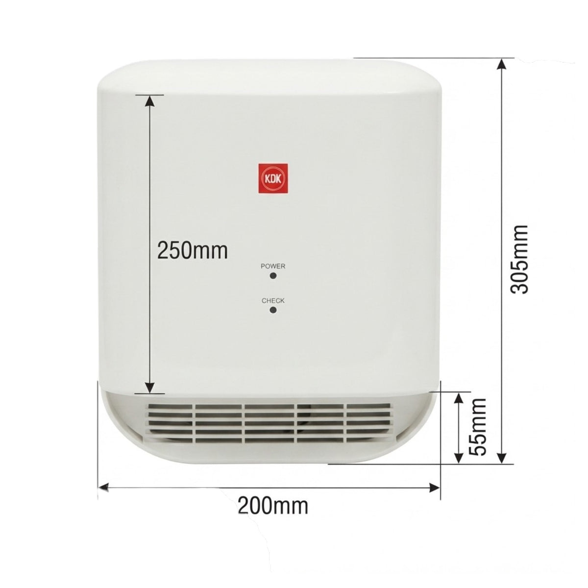 White KOD electric space heater shown with dimension lines and labels indicating 305mm height, 200mm width, 250mm front depth, and 55mm bottom depth.