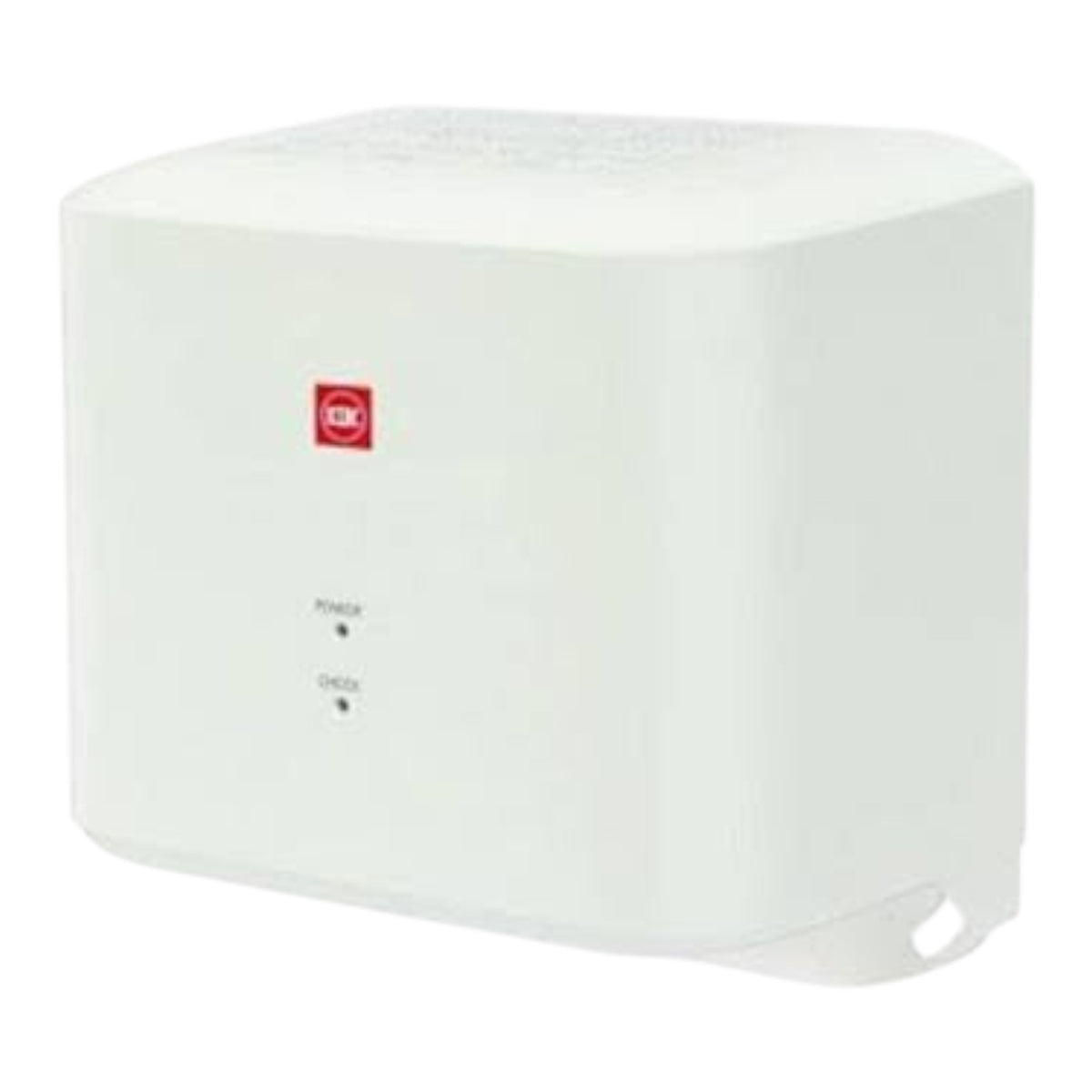 A white rectangular electronic device with rounded corners, featuring a small red square logo on the front and two small indicator lights labeled 'POWER' and 'CHECK'.
