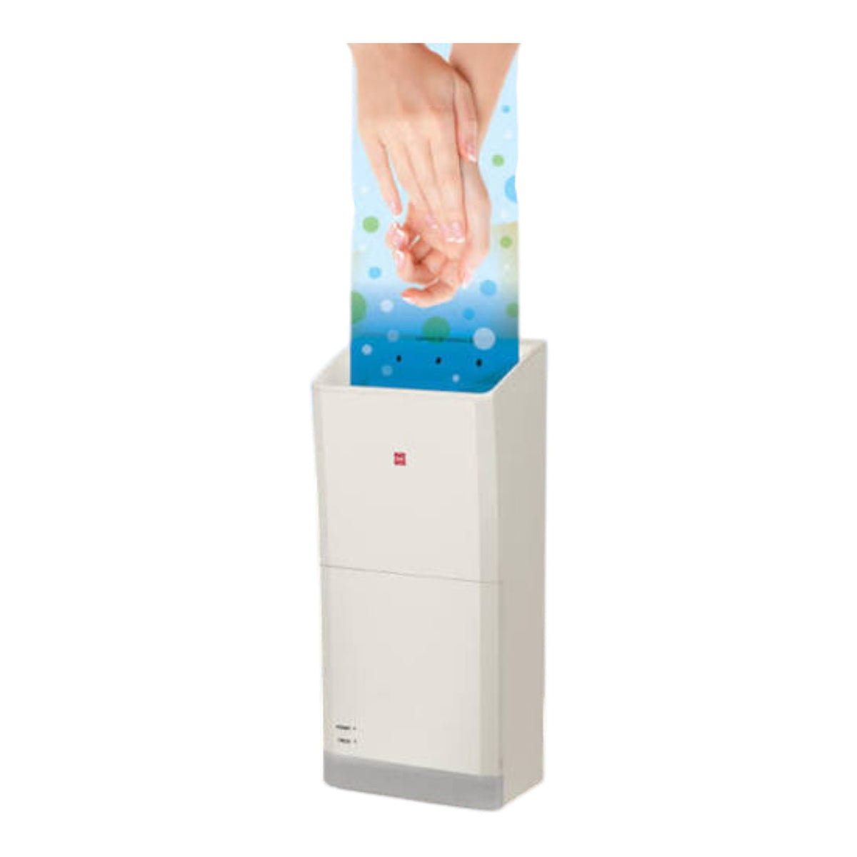 A white wall-mounted bathroom heater with a gray back panel, shown at a three-quarter angle on a white background.